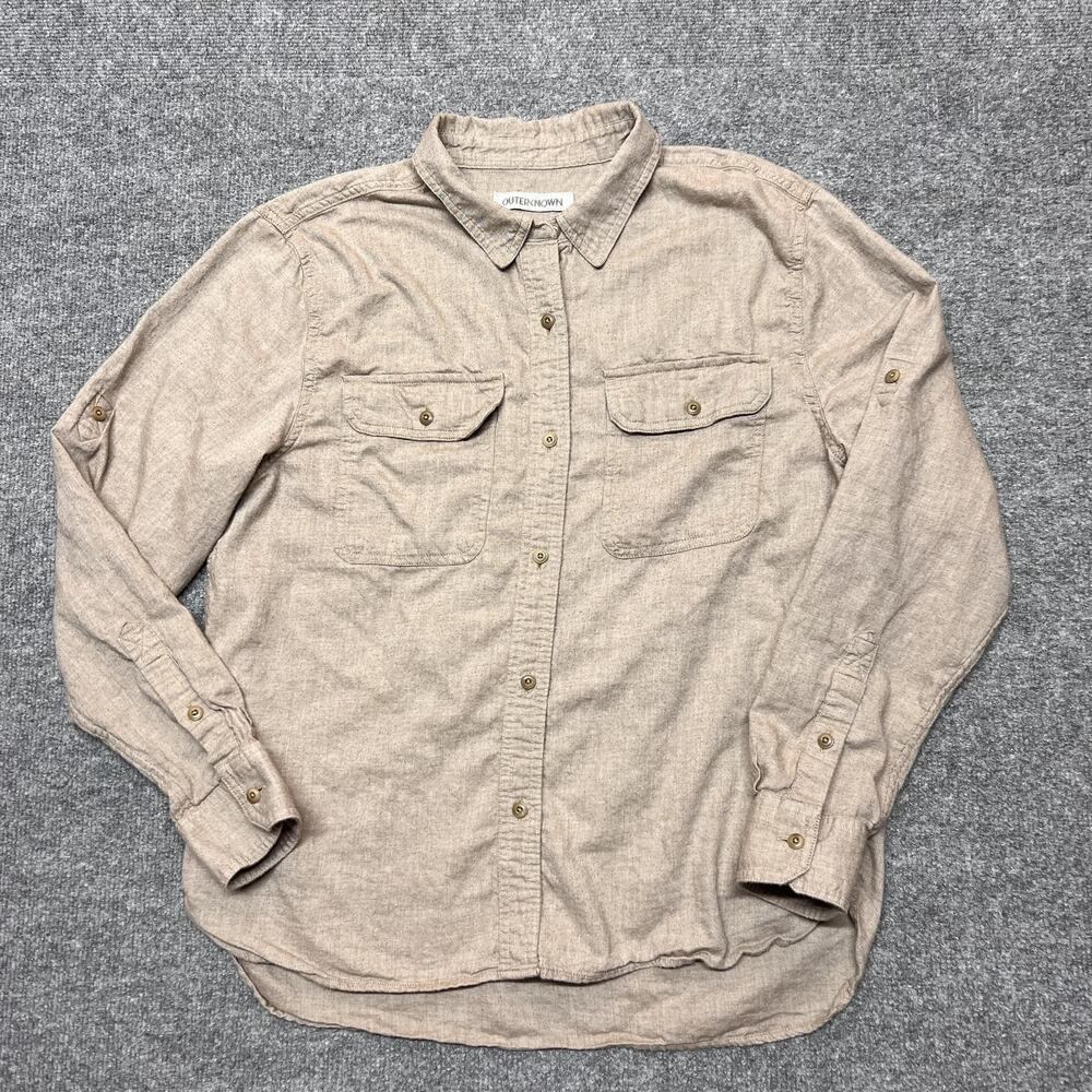 Outerknown Shirt Womens Medium Beige Solid Twill Button Front Long Sleeve Casual